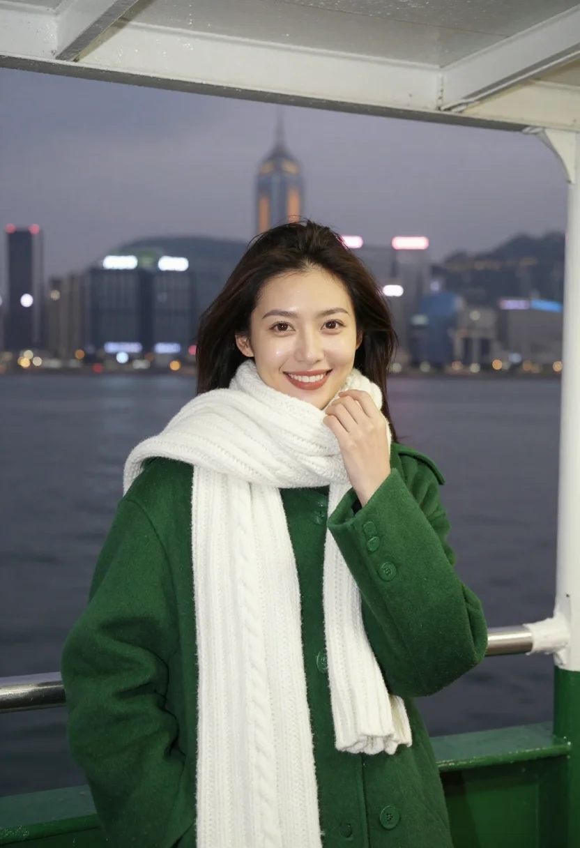 AI star ferry green white sample — portrait of a woman, framed chest-up, cropped at the ribs, t