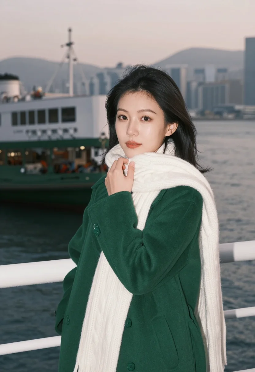 AI star ferry green white sample — portrait of a woman, framed chest-up, cropped at the ribs, t