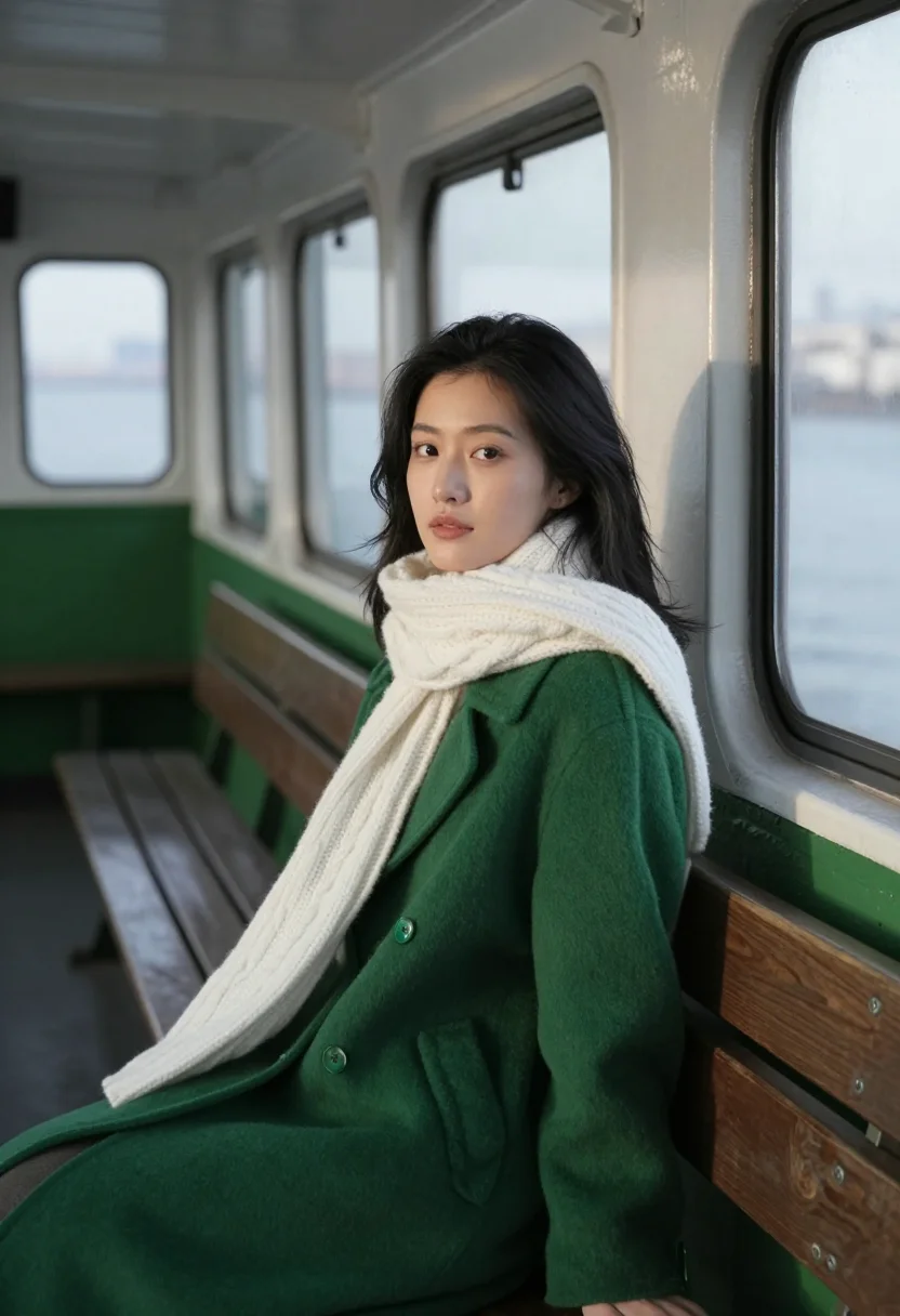 AI star ferry green white sample — portrait of a woman, framed chest-up, cropped at the ribs, t
