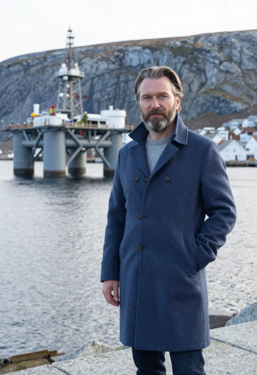 AI stavanger energy engineer fjord steel sample — portrait of a man, an energy engineer in his fifties of Faro