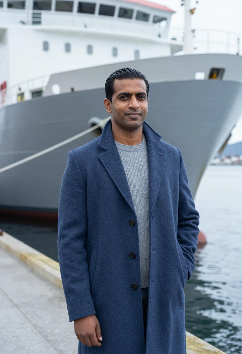 AI stavanger energy engineer fjord steel sample — portrait of a man, an energy engineer in his forties of Indi