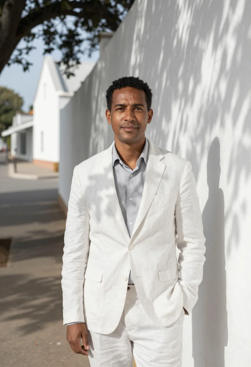 AI stellenbosch professor oak town white gable sample — portrait of a man, a Cape Malay professor in his mid-forties