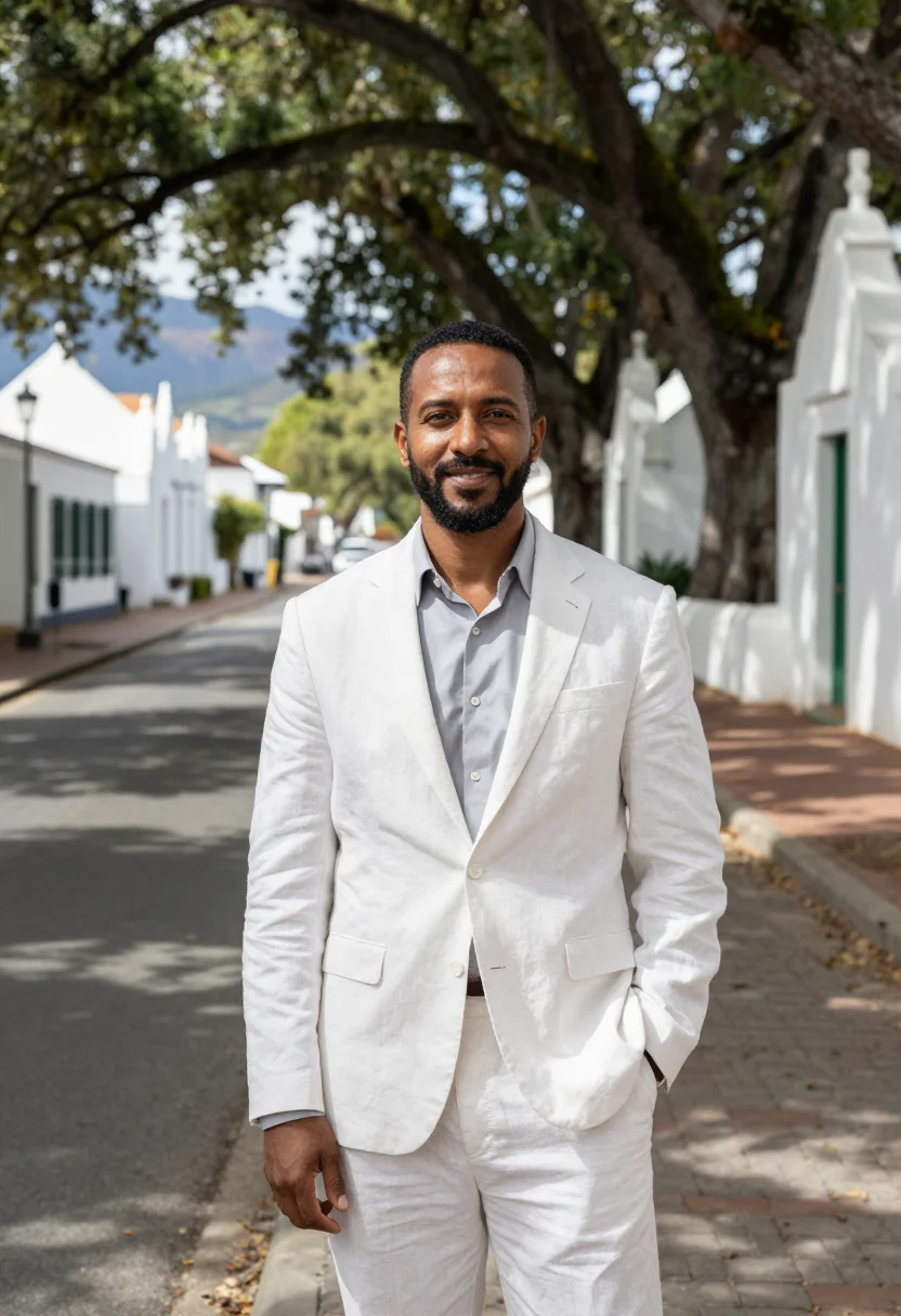 AI stellenbosch professor oak town white gable sample — portrait of a man, a Cape Malay professor in his late fortie