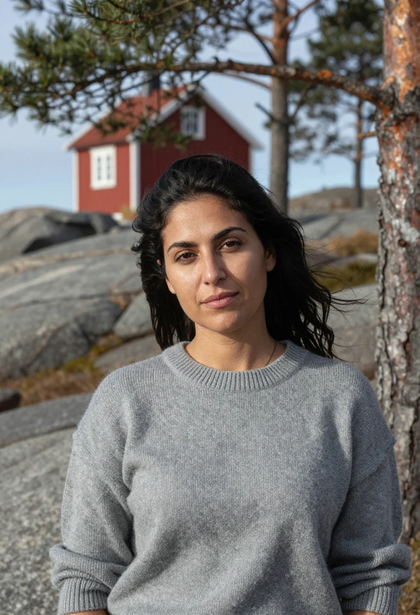 AI stockholm archipelago may red cottage sample — portrait of a woman, framed tight, head and shoulders, the b