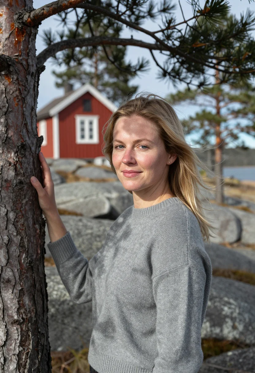 AI stockholm archipelago may red cottage sample — portrait of a woman, framed chest-up, cropped at the ribs, t