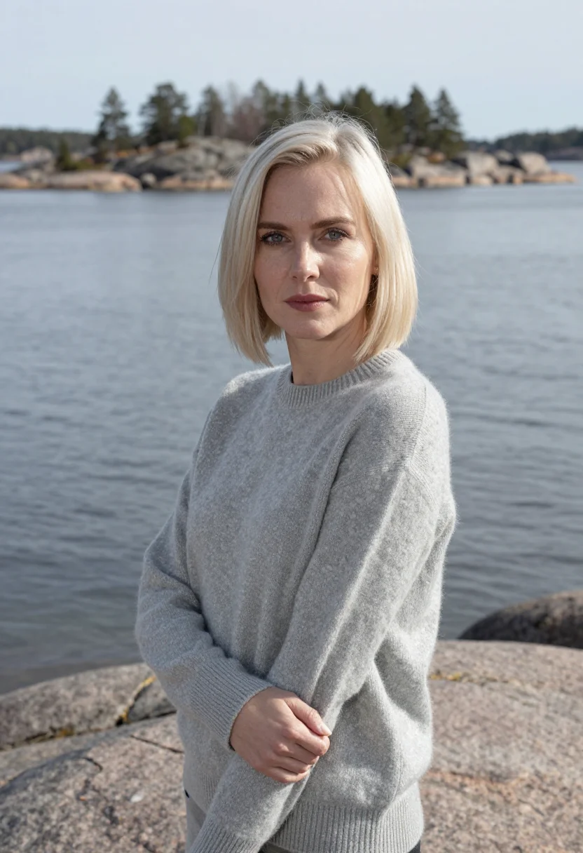 AI stockholm archipelago may red cottage sample — portrait of a woman, framed chest-up, cropped at the ribs, t