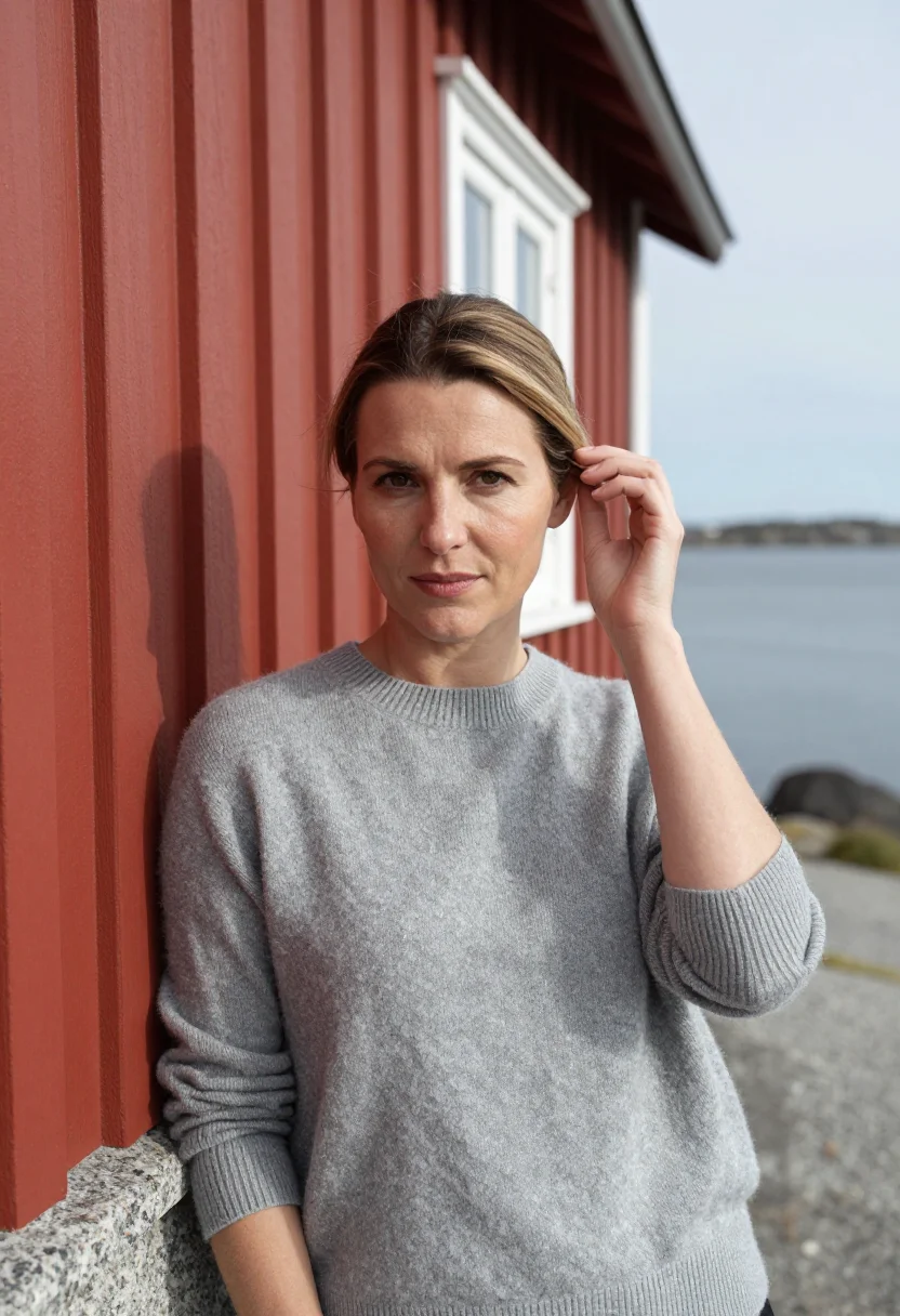 AI stockholm archipelago may red cottage sample — portrait of a woman, framed chest-up, cropped at the ribs, t