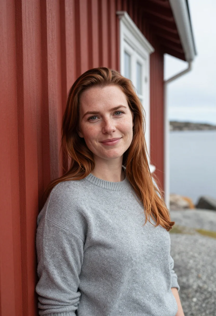 AI stockholm archipelago may red cottage sample — portrait of a woman, framed tight, head and shoulders, the b