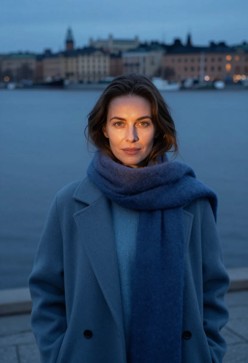 AI stockholm slate blue sample — portrait of a woman, framed head and shoulders, tighter, the