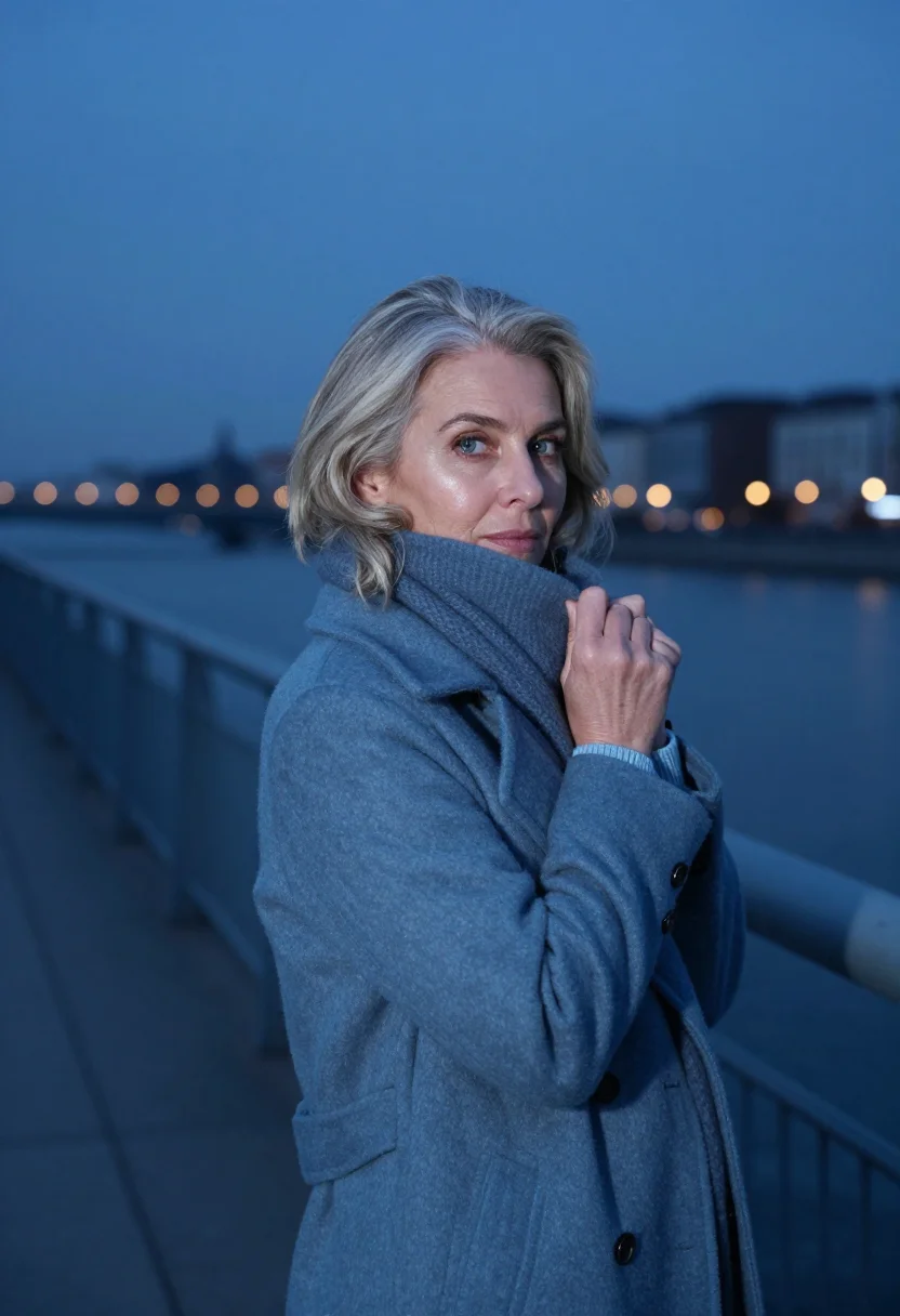 AI stockholm slate blue sample — portrait of a woman, framed chest-up from the ribs with the