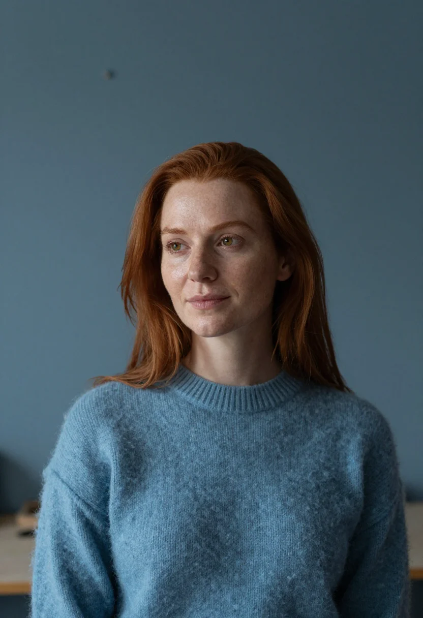 AI stockholm slate blue sample — portrait of a woman, framed head and shoulders, tighter, the