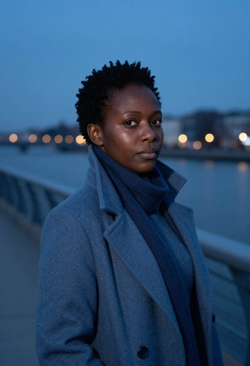 AI stockholm slate blue sample — portrait of a woman, framed as a tight headshot from the cro