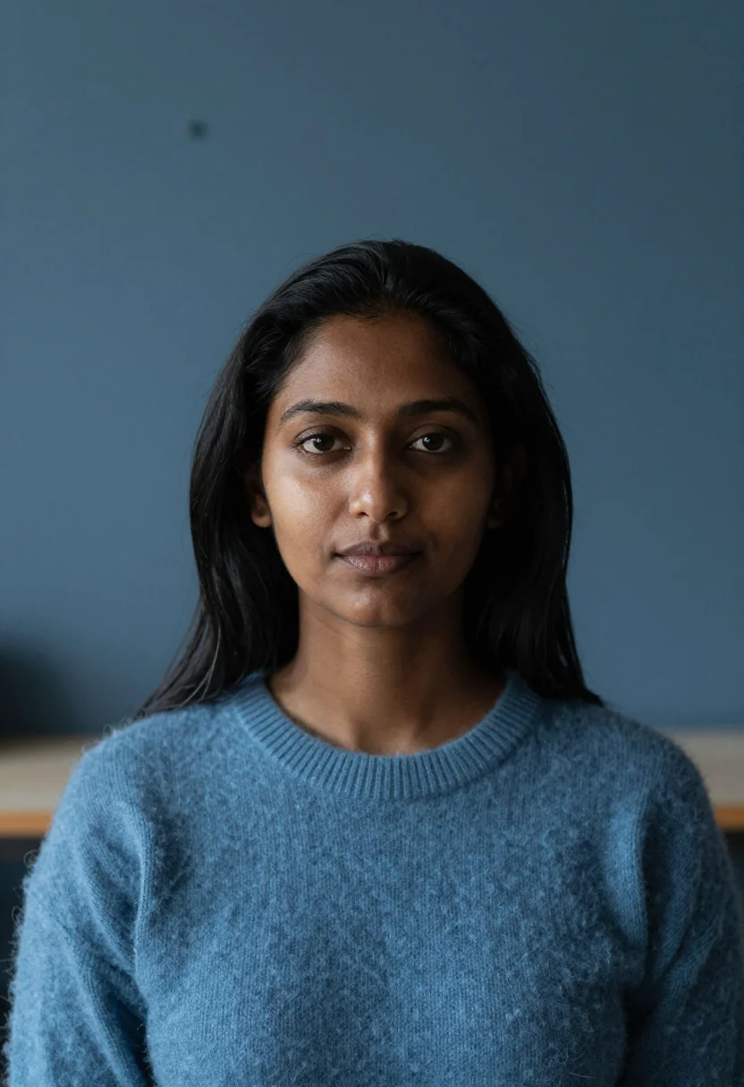 AI stockholm slate blue sample — portrait of a woman, framed as a tight headshot from the cro