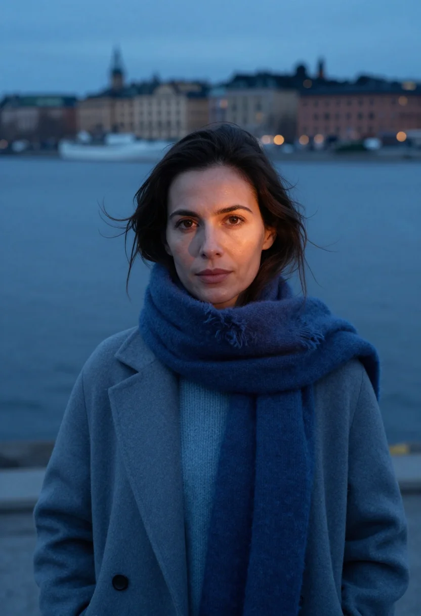 AI stockholm slate blue sample — portrait of a woman, framed as a tight headshot from the cro