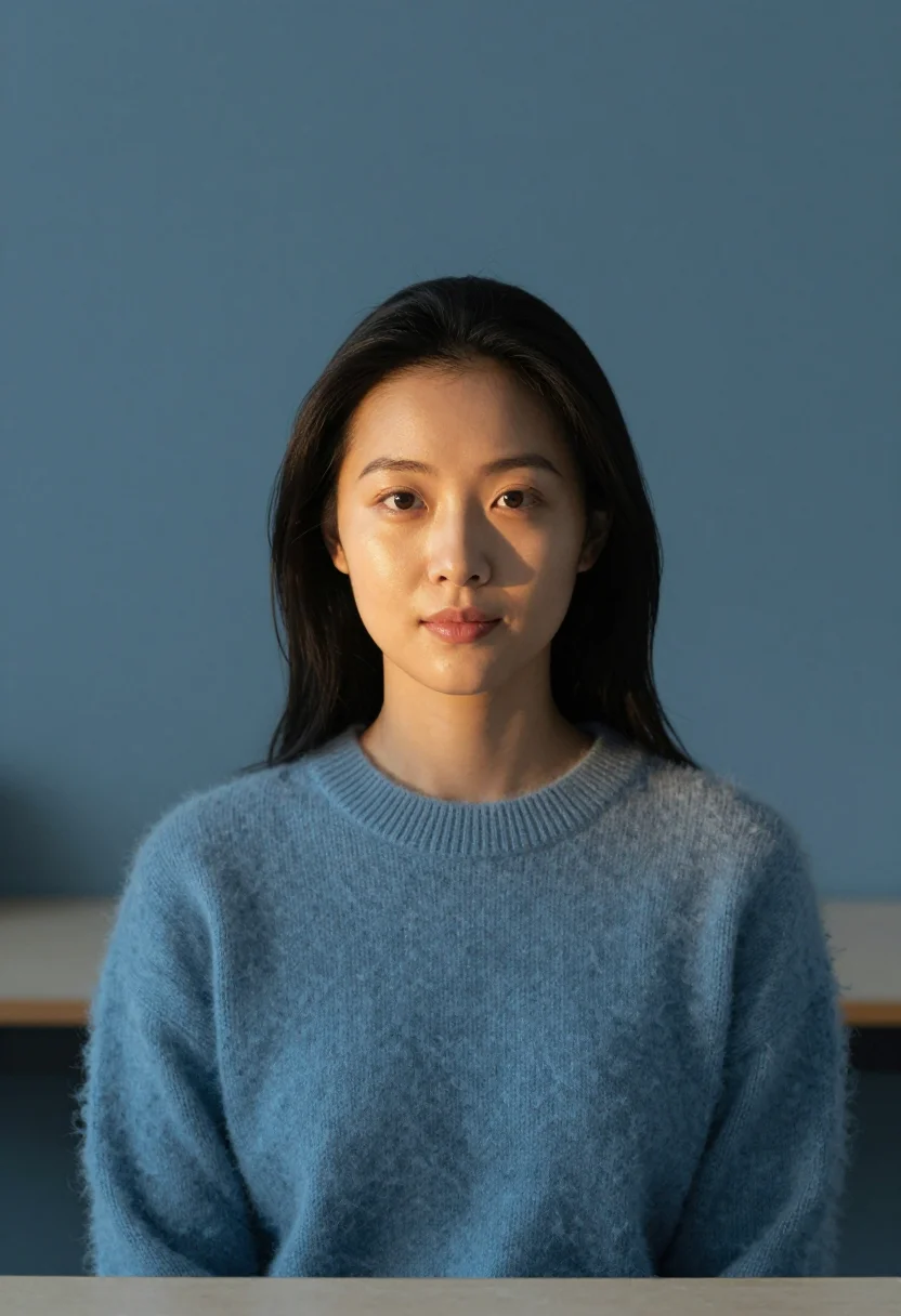 AI stockholm slate blue sample — portrait of a woman, framed chest-up from the ribs with the