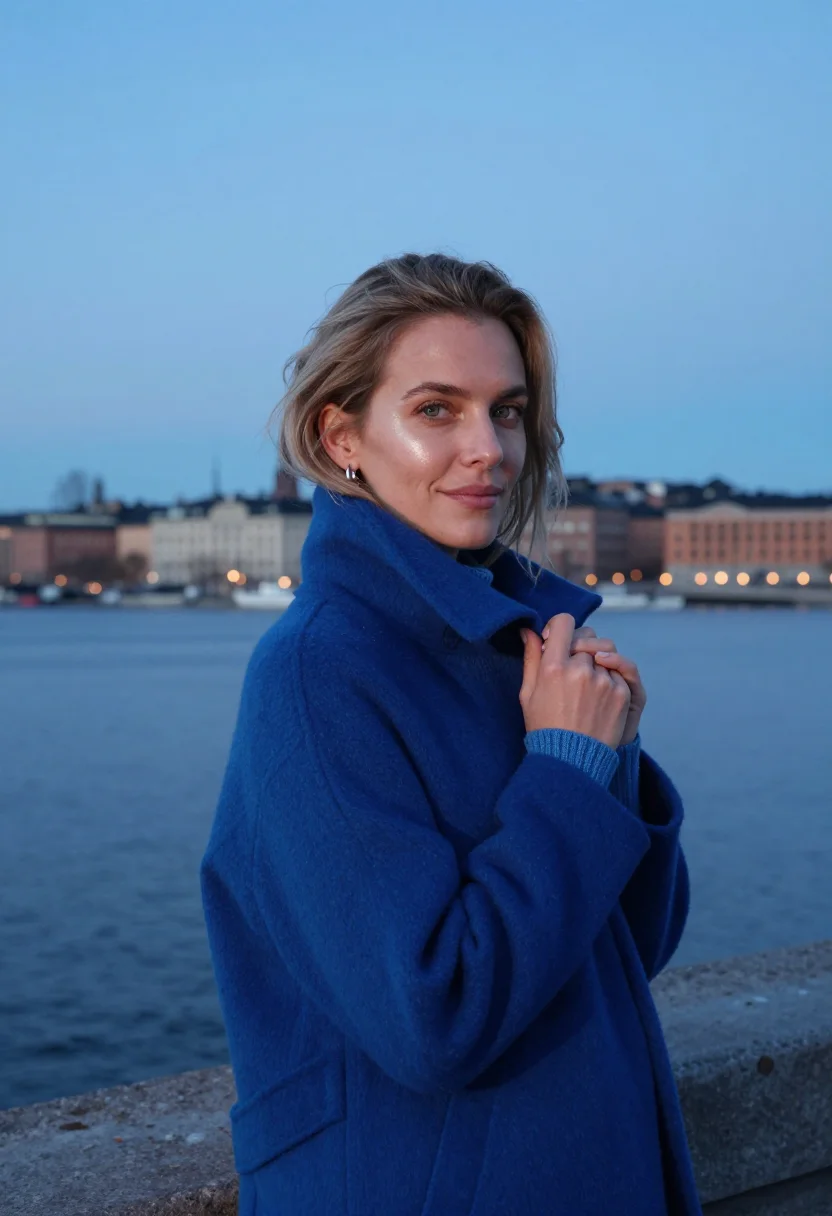 AI stockholm slussen dusk blue sample — portrait of a woman, framed chest-up, cropped at the ribs, t