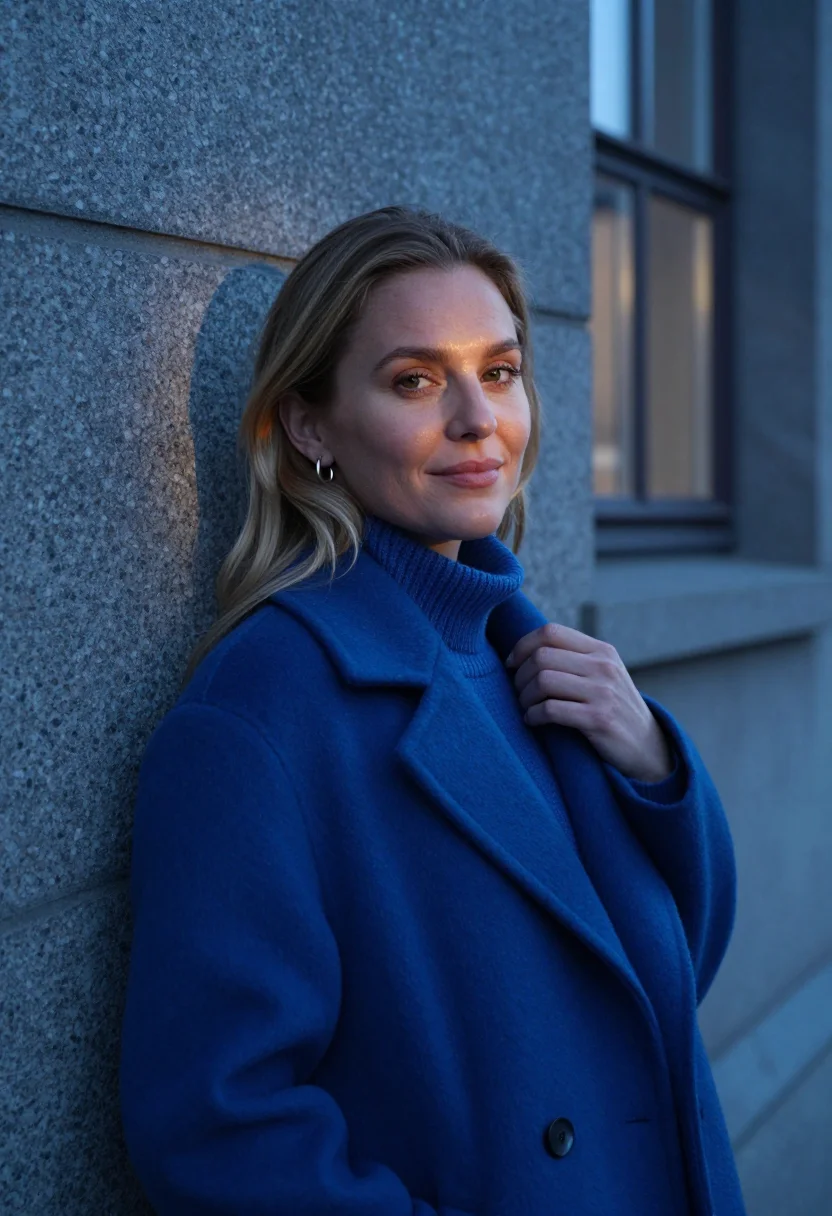 AI stockholm slussen dusk blue sample — portrait of a woman, framed chest-up, cropped at the ribs, t