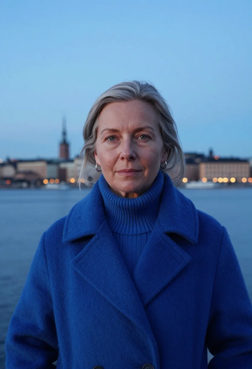 AI stockholm slussen dusk blue sample — portrait of a woman, framed tight, head and shoulders, the b