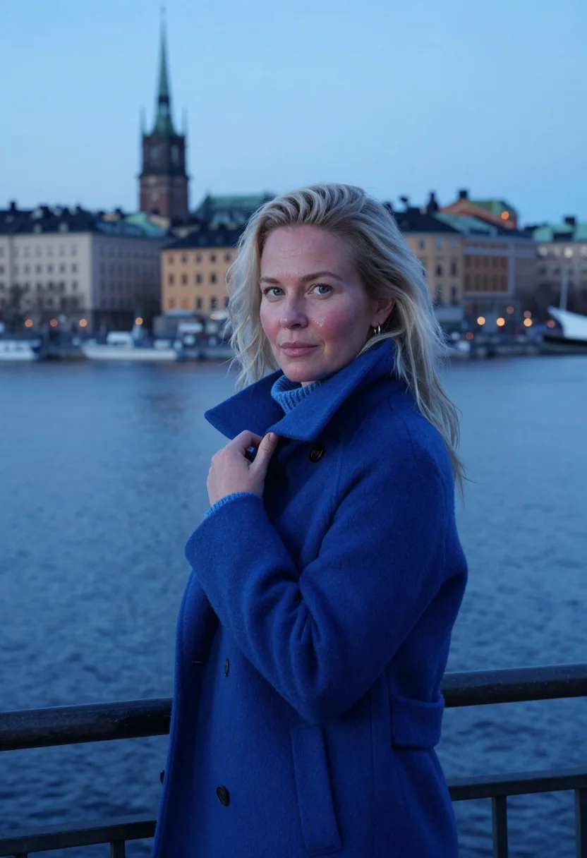 AI stockholm slussen dusk blue sample — portrait of a woman, framed chest-up, cropped at the ribs, t