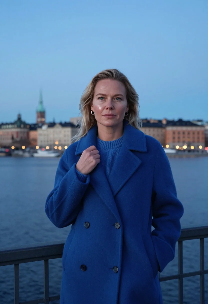 AI stockholm slussen dusk blue sample — portrait of a woman, framed half-length from the head to the