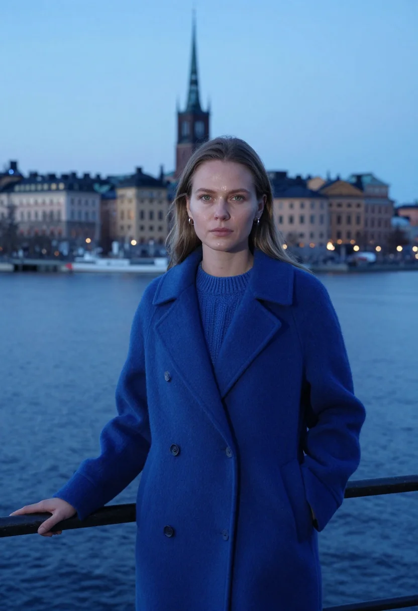 AI stockholm slussen dusk blue sample — portrait of a woman, framed half-length from the head to the