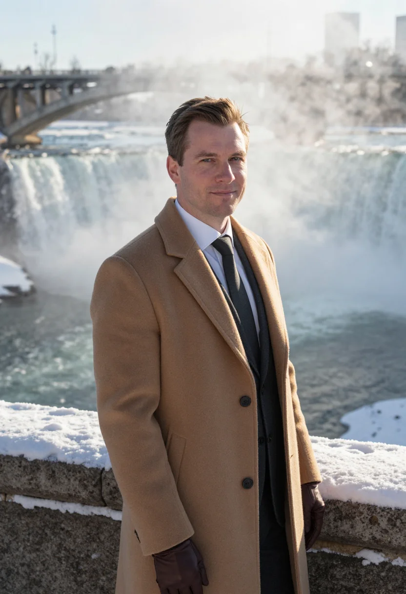 AI stone arch bridge executive camel sample — portrait of a man, framed tight, head and shoulders, the bod