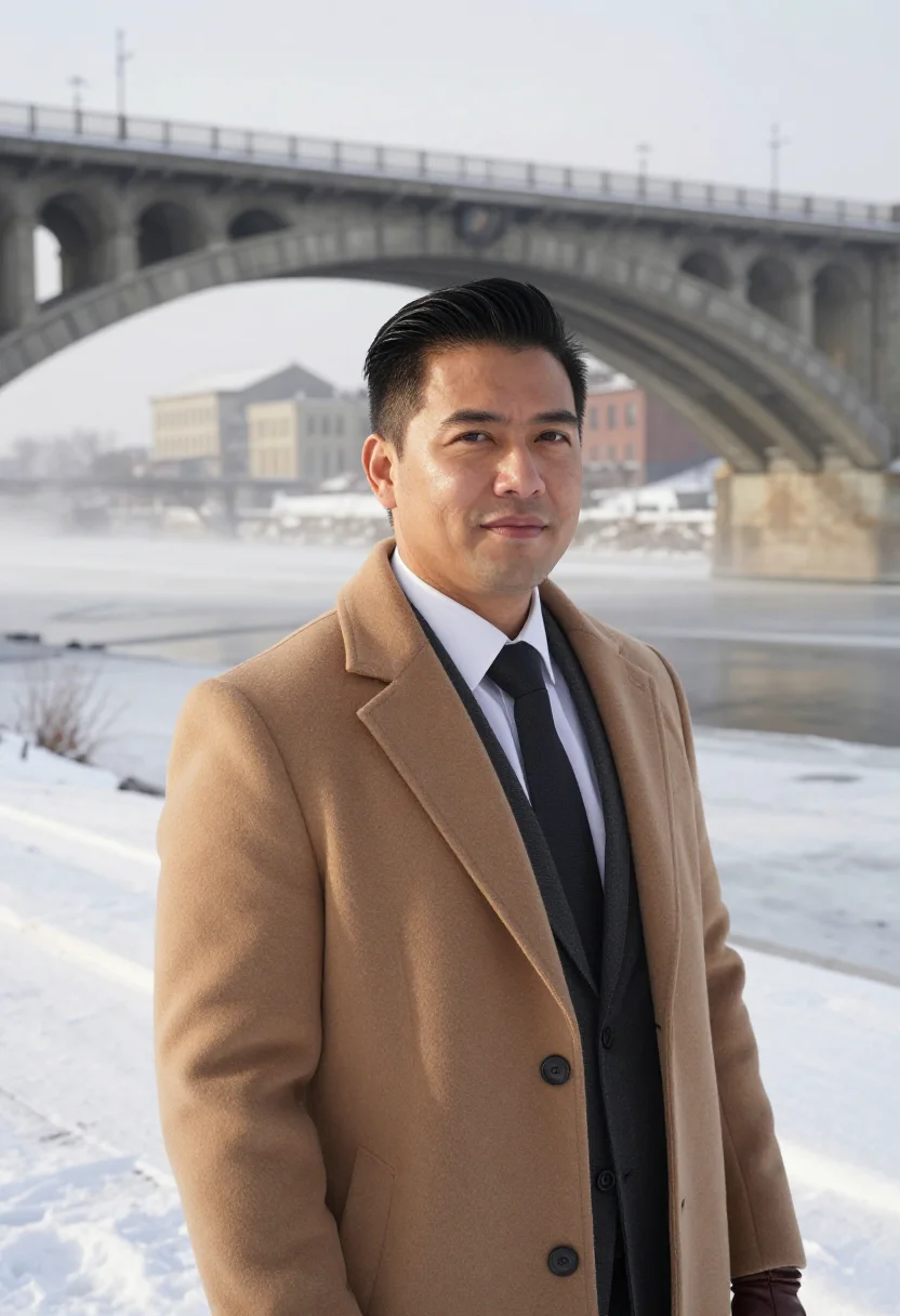AI stone arch bridge executive camel sample — portrait of a man, framed tight, head and shoulders, the bod