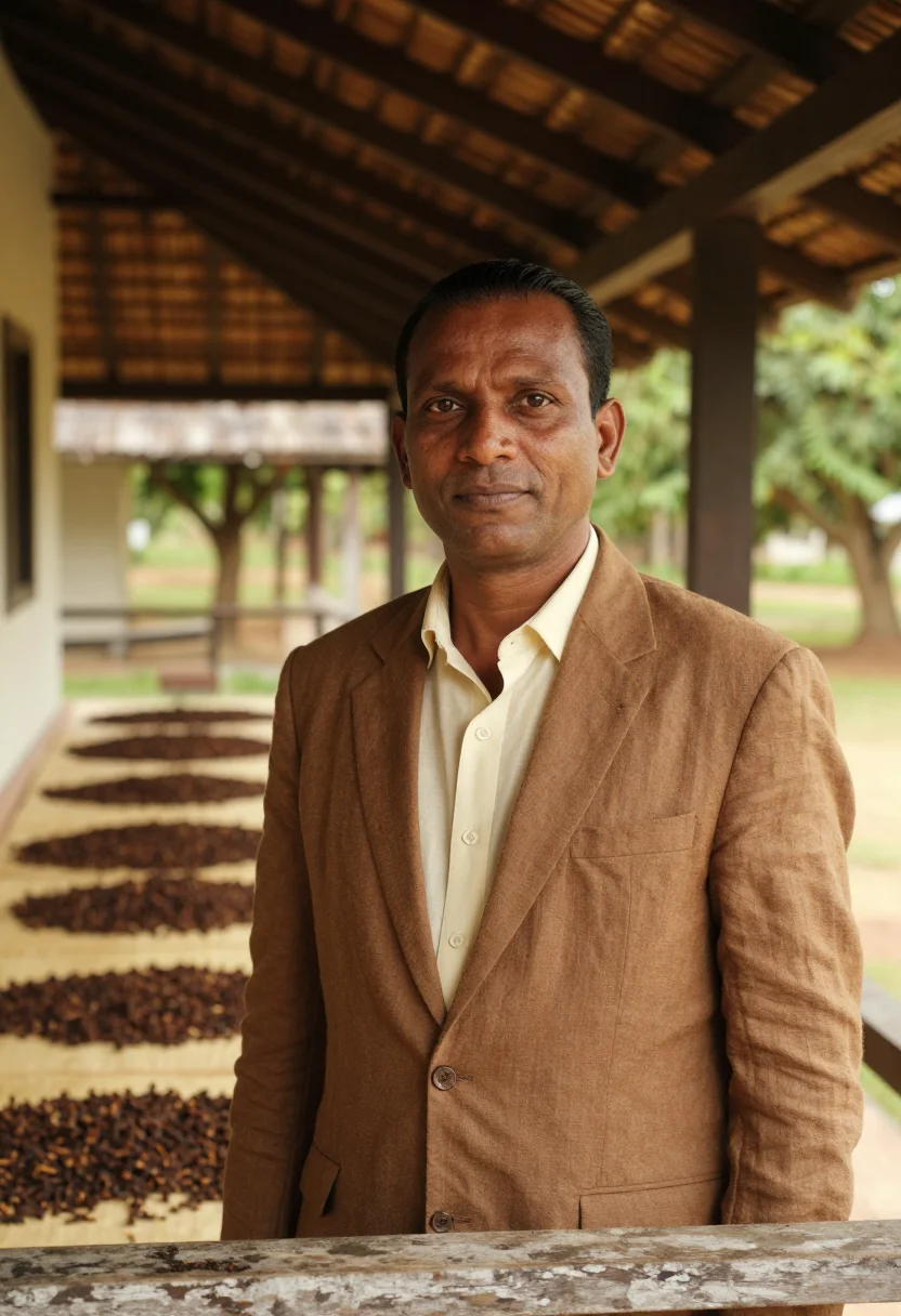 AI stone town spice director clove brown cream sample — portrait of a man, an Indian-Zanzibari spice director in his