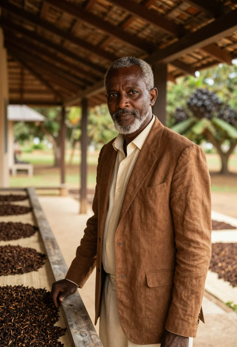 AI stone town spice director clove brown cream sample — portrait of a man, a Zanzibari spice director in his mid-fif