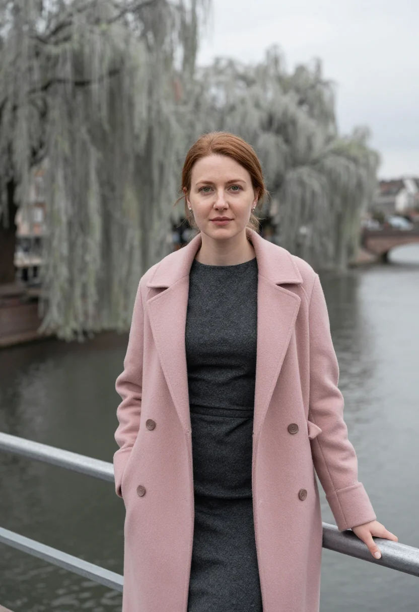 AI strasbourg european lawyer glass pink sandstone sample — portrait of a woman, in her late twenties, with fair rosy sk