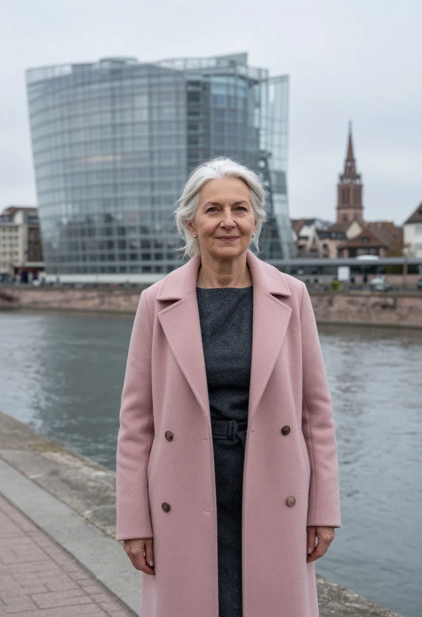 AI strasbourg european lawyer glass pink sandstone sample — portrait of a woman, in her sixties, with fair skin, hazel e