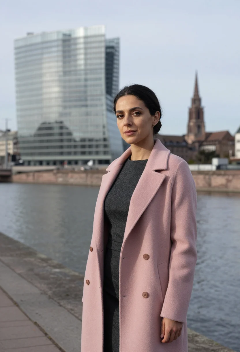AI strasbourg european lawyer glass pink sandstone sample — portrait of a woman, of Italian descent, in her thirties, wi