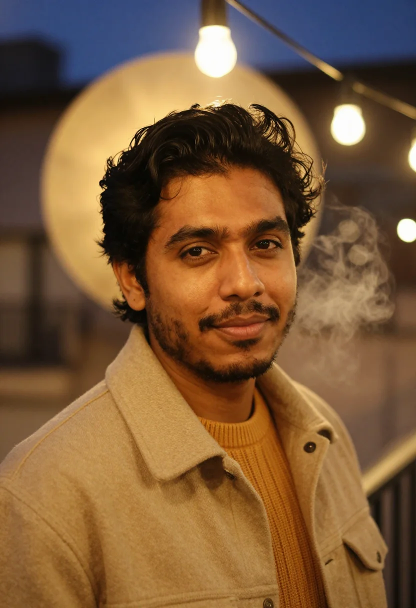 AI string lights balcony gold sample — portrait of a man, framed tight on the head, the body close