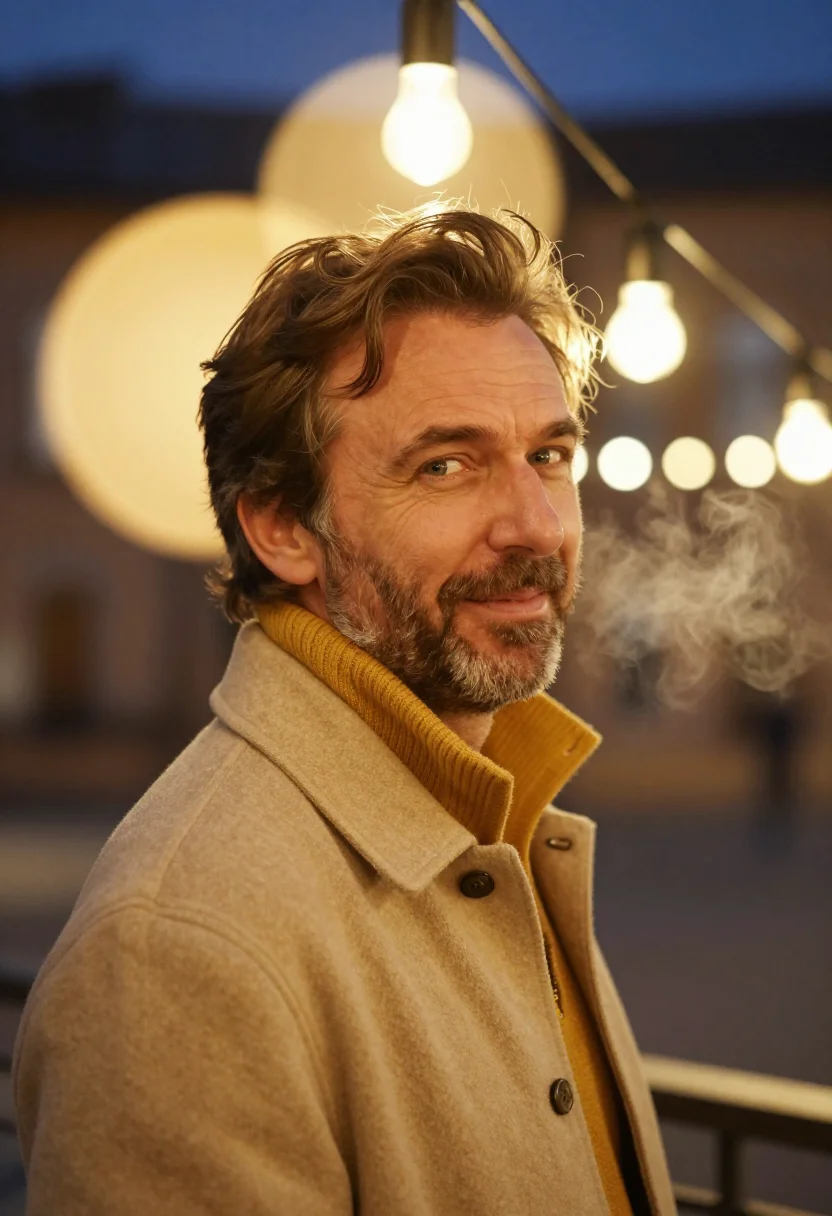 AI string lights balcony gold sample — portrait of a man, framed tight on the head, the body close