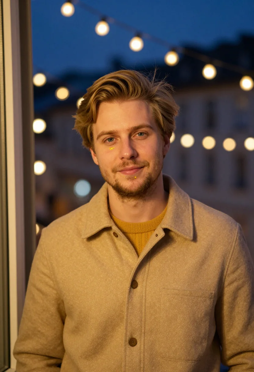AI string lights balcony gold sample — portrait of a man, framed tight on the head, the body close