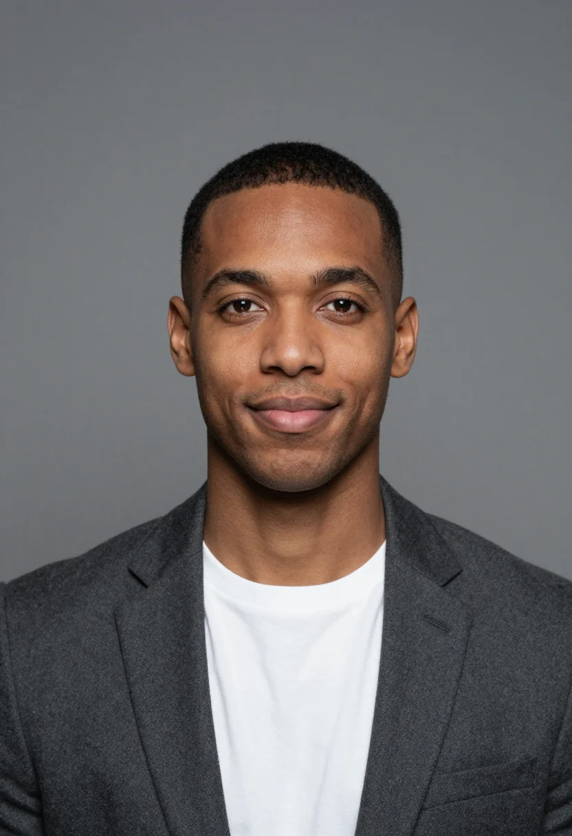 AI studio strobe headshot sample — a head-and-shoulders frame of a man in his thirties with dee