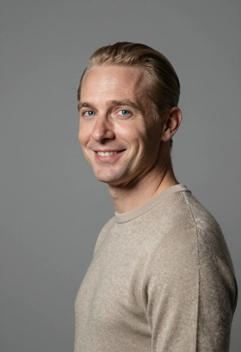 AI studio strobe headshot sample — a head-and-shoulders frame of a man in his forties with fair
