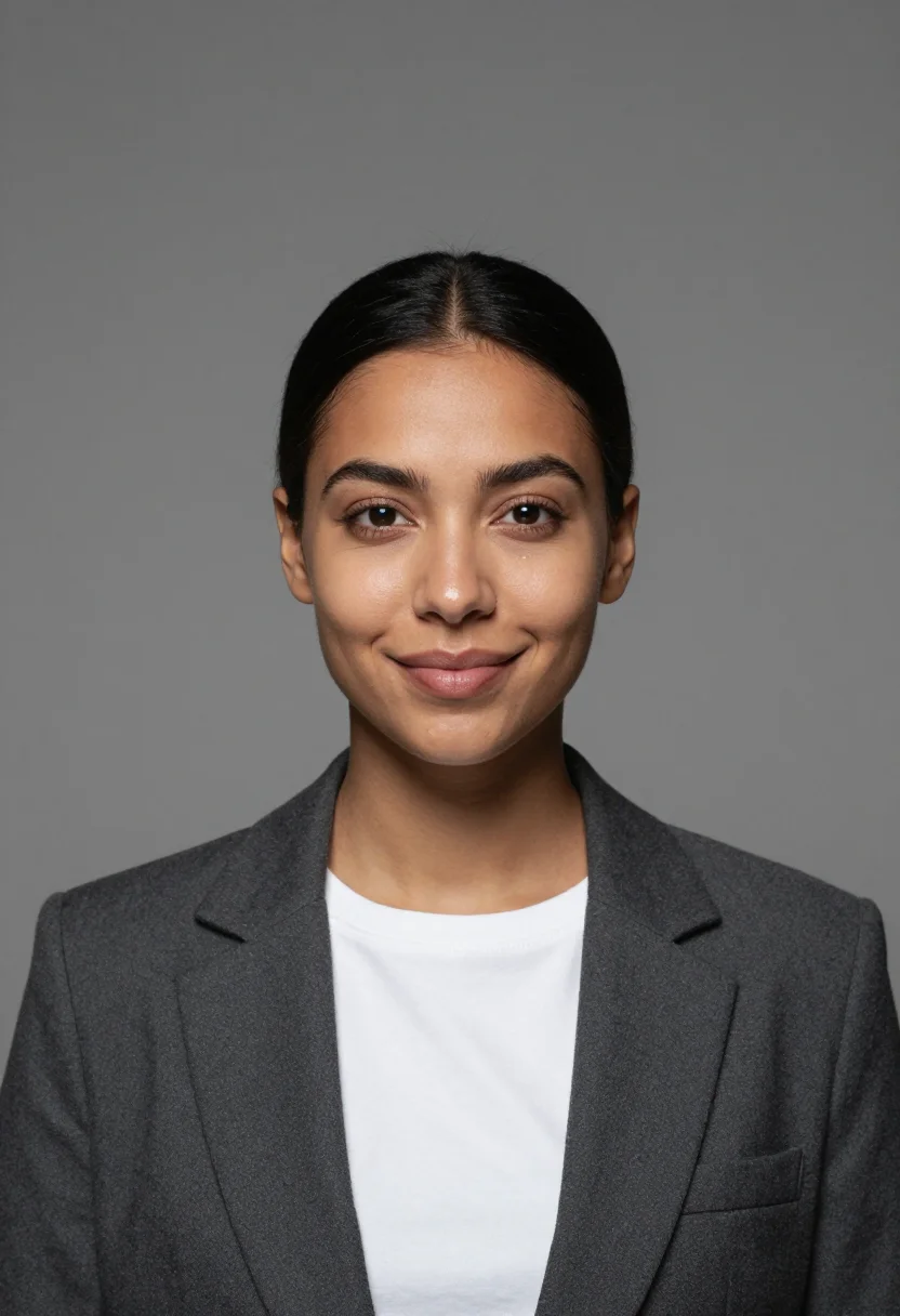 AI studio strobe headshot sample — a tight head-and-shoulders frame of a woman in her late twen