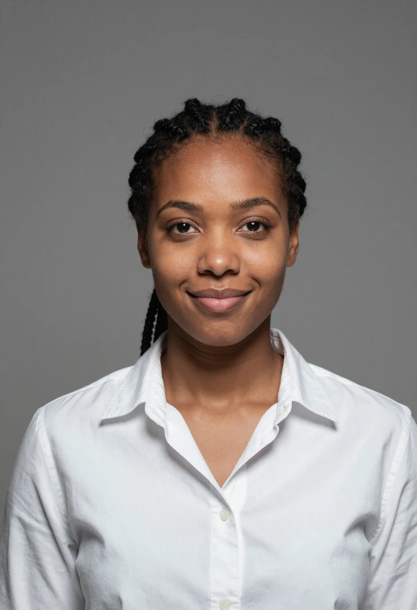 AI studio strobe headshot sample — a wide chest-up frame of a woman in her mid-thirties with de