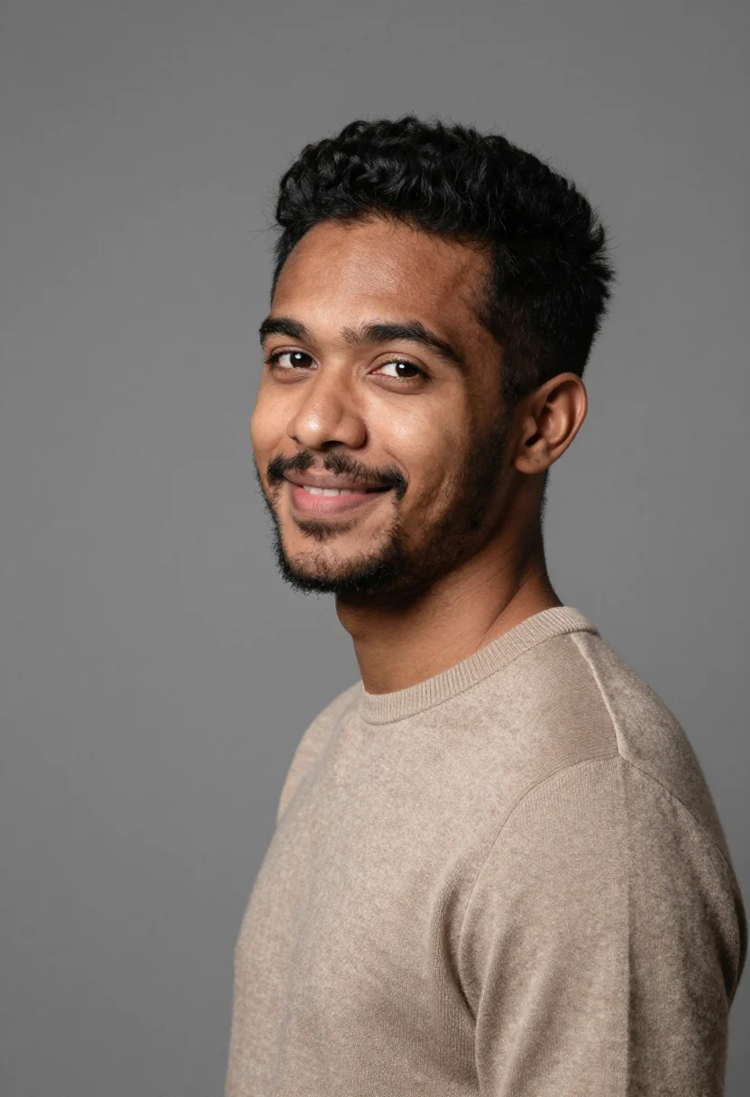 AI studio strobe headshot sample — a slightly wider head-and-shoulders frame of a man in his la