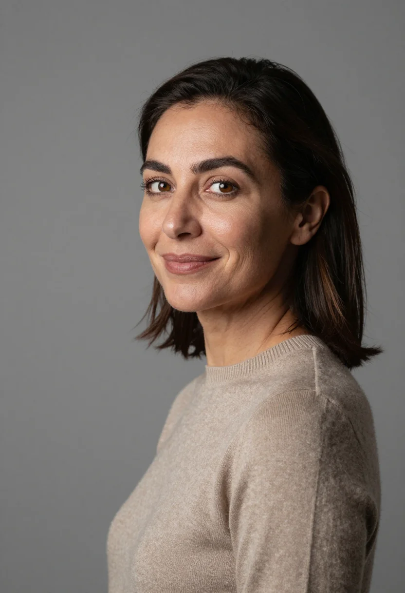 AI studio strobe headshot sample — a head-and-shoulders frame of a woman in her forties with wa