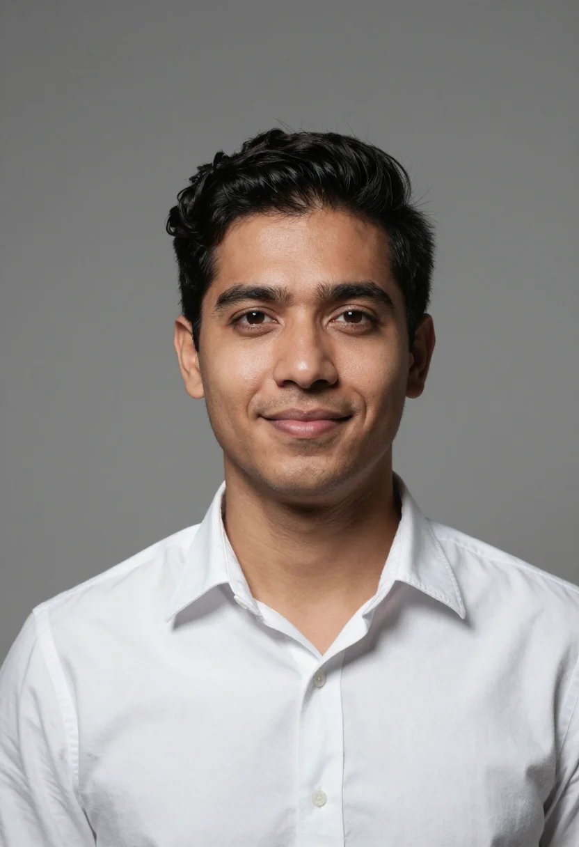 AI studio strobe headshot sample — a chest-up frame of a man in his mid-thirties with warm oliv