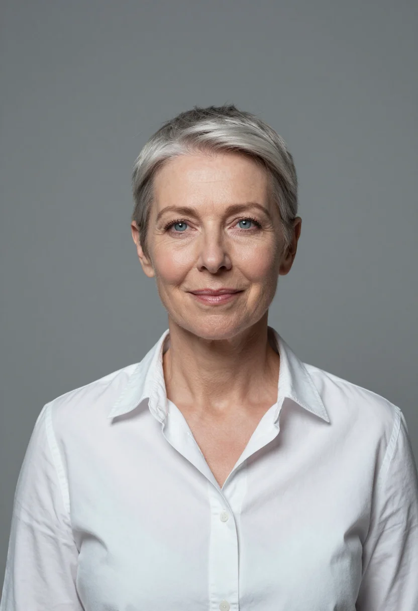 AI studio strobe headshot sample — a chest-up frame of a woman in her fifties with fair skin, g