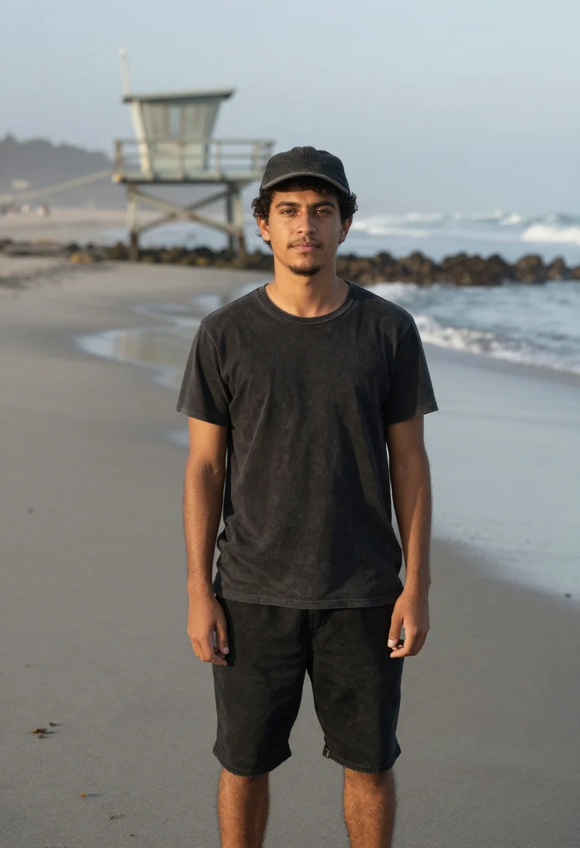 AI stussy laguna beach surf faded black men sample — portrait of a man, a Brazilian man in his late twenties with