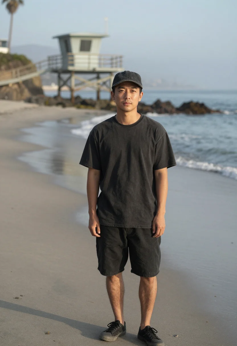AI stussy laguna beach surf faded black men sample — portrait of a man, a Japanese-American man in his early thir