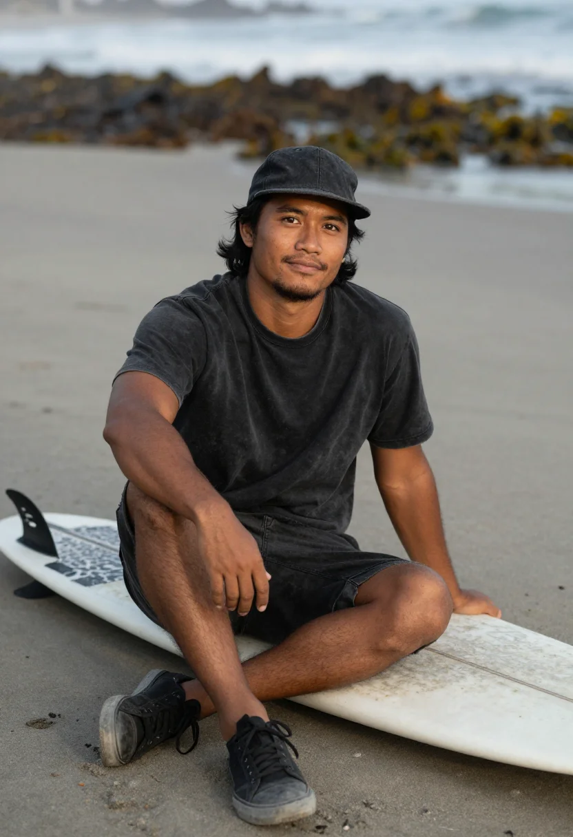 AI stussy laguna beach surf faded black men sample — portrait of a man, a Native Hawaiian man in his early thirti