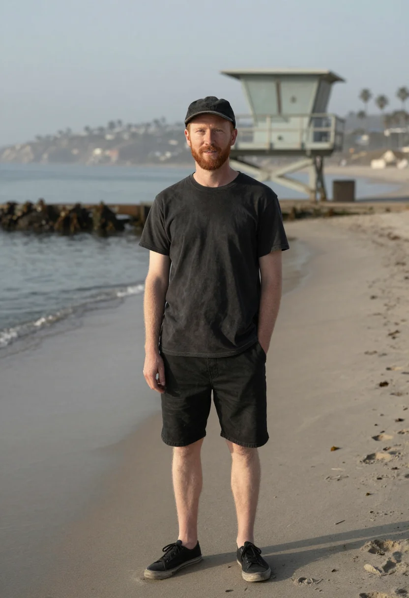 AI stussy laguna beach surf faded black men sample — portrait of a man, an Irish-American man in his mid-thirties