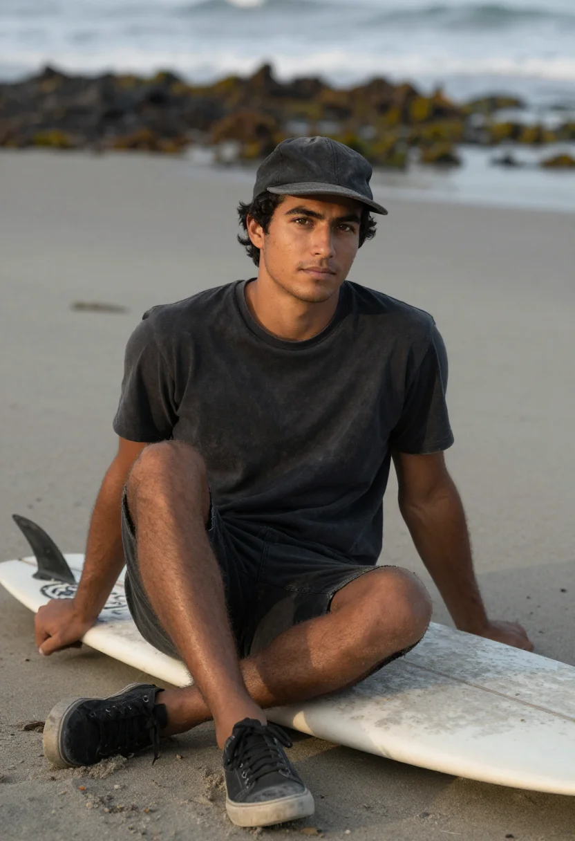 AI stussy laguna beach surf faded black men sample — portrait of a man, a Californian man of Portuguese descent i