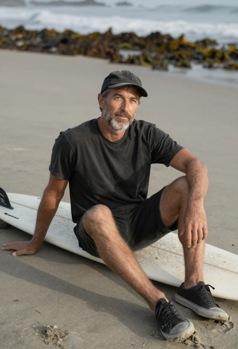 AI stussy laguna beach surf faded black men sample — portrait of a man, a Californian man in his early forties wi