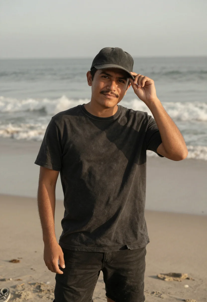 AI stussy laguna beach surf faded black men sample — portrait of a man, a Mexican-American man in his early thirt